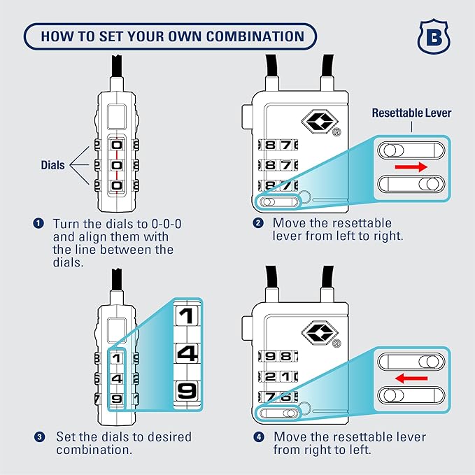 Brinks TSA Accepted Indicator Luggage Lock, Blue - Resettable 3-Dial Combination, 1.5 inch Long Cable Shackle, New More Secure TSA008 Key, 2 Pack