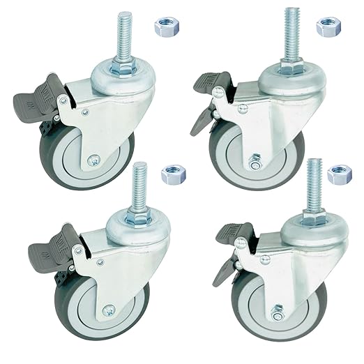 4 inch Swivel Caster Wheels Heavy Duty with Nylon Brake, 1/2" x13-1-1/2 Threaded Stem Casters Set of 4, TPR Rubber Wheels for Hospital, Lab, Furnitures,Restaurant