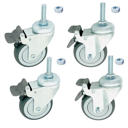 4 inch Swivel Caster Wheels Heavy Duty with Nylon Brake, 1/2" x13-1-1/2 Threaded Stem Casters Set of 4, TPR Rubber Wheels for Hospital, Lab, Furnitures,Restaurant