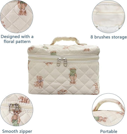 Large Makeup Bag, Cute Cosmetic Bag for Women Girls, Floral Coquette Aesthetic Toiletry Bag, Travel Make Up Organizer Bag (White-Bear)