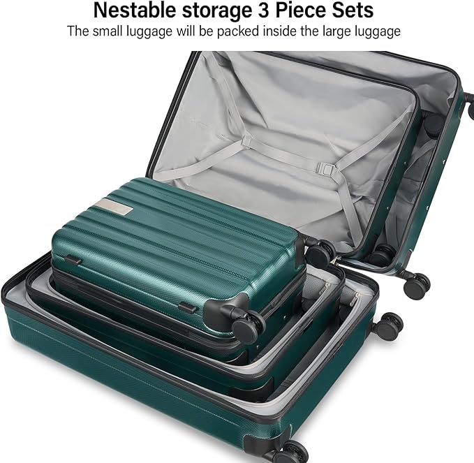 Hanke Hardshell Luggage Sets 3 Piece Extra Large Suitcases with Lock,28 Inch Luggage with Spinner Wheels, PC Travel Suitcase for Women Men 20 24 29Inch,Blackish Green