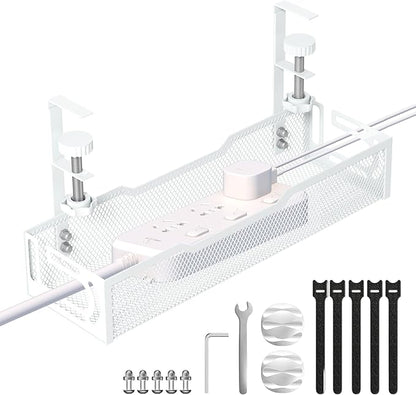 Under Desk Cable Management Tray, No Drill Mesh Desk Cable Tray, Wire Management Tray Cable Management Rack, Wire Organizer and Cable Management Box (White)