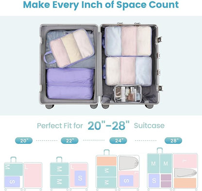 Cambond Mesh Compression Packing Cubes - 6 Set See Through Clear Packing Cubes with Shoe Toiletry Bag for Suitcase, Expandable Travel Cubes for Packing Organizers Travel Accessories, Purple