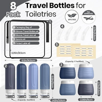 Travel Bottles for Toiletries 8 Pack, TSA Approved Travel Size Toiletries Containers Set, 4 Silicone Leak Proof Refillable Bottles and 4 Creams Jars Accessories Kit W/Clear Bag (BLUE)