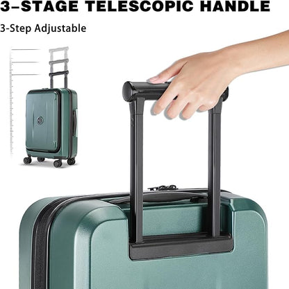 Carry On Luggage with Front Pocket & USB Port, PC Hardside 20 Inch luggage with Spinner Wheels & Built-in TSA Lock, Durable Lightweight Rolling Suitcase, Carry-On 20-Inch, Green