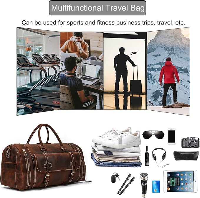 Full-grain Genuine Leather Travel Bag Large Capacity Duffel Luggage Bag with Shoe Compartment, Men Women Shoulder Bag for Weekend Holiday Business Trip, 58cm