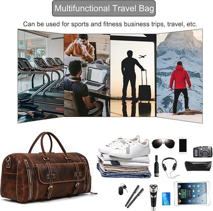 Full-grain Genuine Leather Travel Bag Large Capacity Duffel Luggage Bag with Shoe Compartment, Men Women Shoulder Bag for Weekend Holiday Business Trip, 58cm