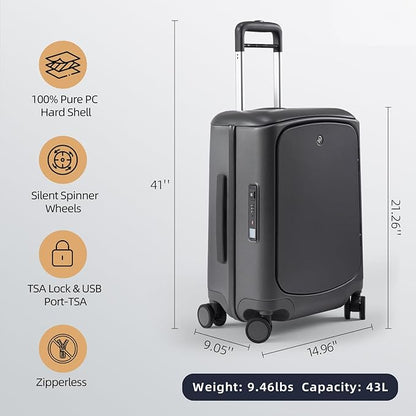Hang Safe Carry On Luggage,22x14x9 Airline Approved Rolling Suitcase with Spinner Wheels,Bussiness Hard Shell Luggage with TSA Lock&USB Port for Travel,Zipperless,Lightweight,Grey