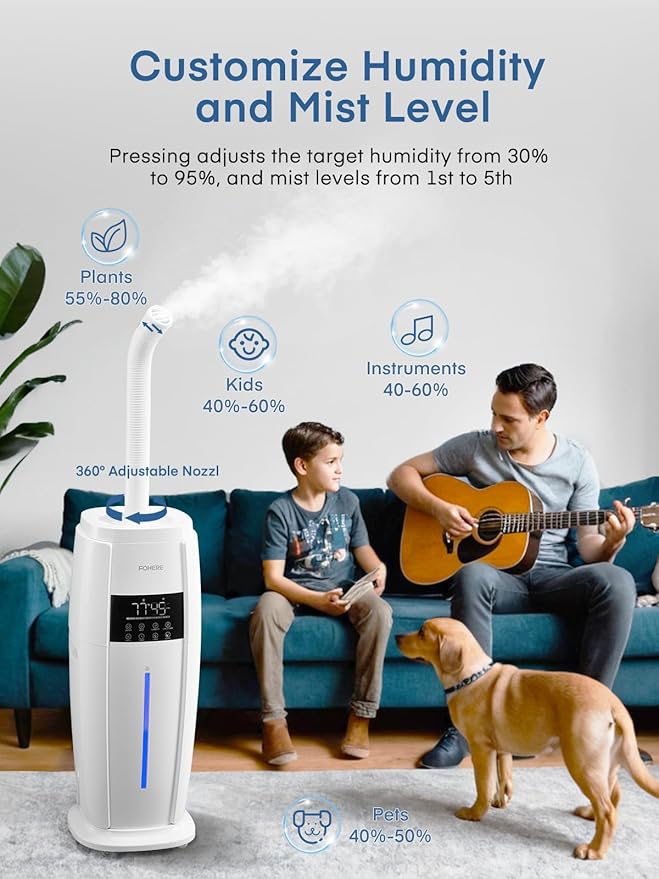 FOHERE Humidifier Large Room 4.8Gal/18L, Quiet Whole House Humidifier for Home Plants Office Commercial 1500 sq.ft, Top Fill Ultrasonic Cool Mist Humidifiers with 4 Mist Mode, 5 Speeds, Remote, White