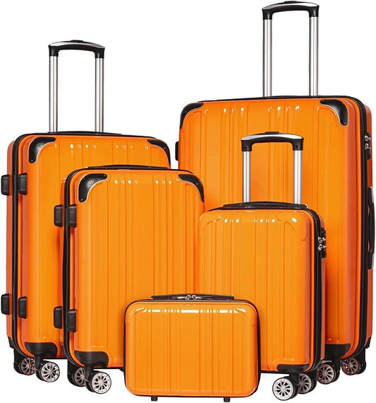 Coolife Luggage Expandable(only 28") Suitcase PC+ABS Spinner 20in 24in 28in Carry on (orange new, 5 piece set)