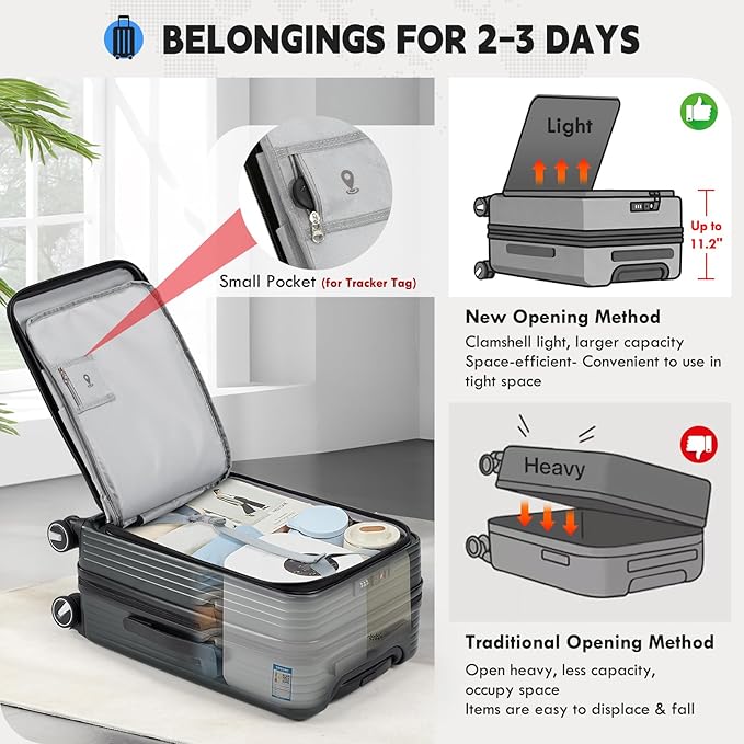 RAINSMORE Carry on Luggage Airline Approved, 20 Inch Expandable Hard Sided Carry on Suitcase with Spinner Wheels, Hard Shell Small Rolling Travel Luggages for Women Men with Tsa Lock, Grey