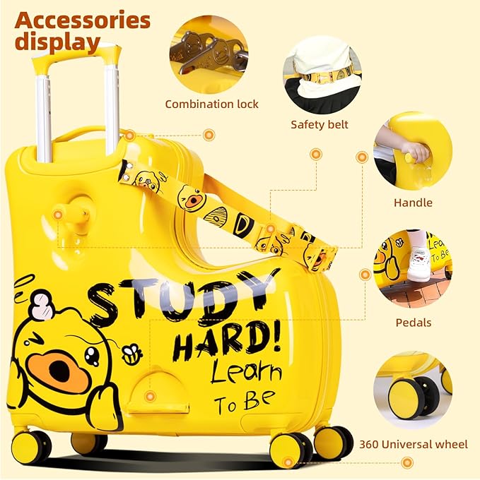 Kids' Lightweight Ride on Luggage with Spinner Wheels & Foldabe Design (Yellow Study, 20"+ Aged 1-3 Toddler),Birthday Gift