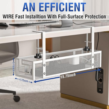 Under Desk Cable Management Tray - GZOKMOG No Drill Cord Organizer with Clamp, Reinforced Metal Mesh Workspace Organizers for Wire, Office Desk Accessories, 1 Pack White, 15.75 inch