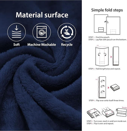 DEZ FURNISHINGS 4-in-1 Travel Compact Blanket Pillow Super Soft Velvet with Luggage Sleeve and Backpack Clip, Navy, 60" x 45"