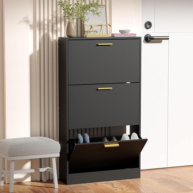 JOZZBY Shoe Cabinet, Black Shoe Cabinet with 3 Flip Drawer, Hidden Shoe Storage Freestanding Shoe Rack Cabinet for Entryway, Hallway, Living Room