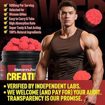 Creatine Monohydrate Gummies for Men & Women,5000MG Creatine Gummy Sugar Free. Boost Focus,Strength, and Endurance, Anti-Melting Formula, Vegan, Gluten-Free, Non-GMO,(Strawberry 90 ct)