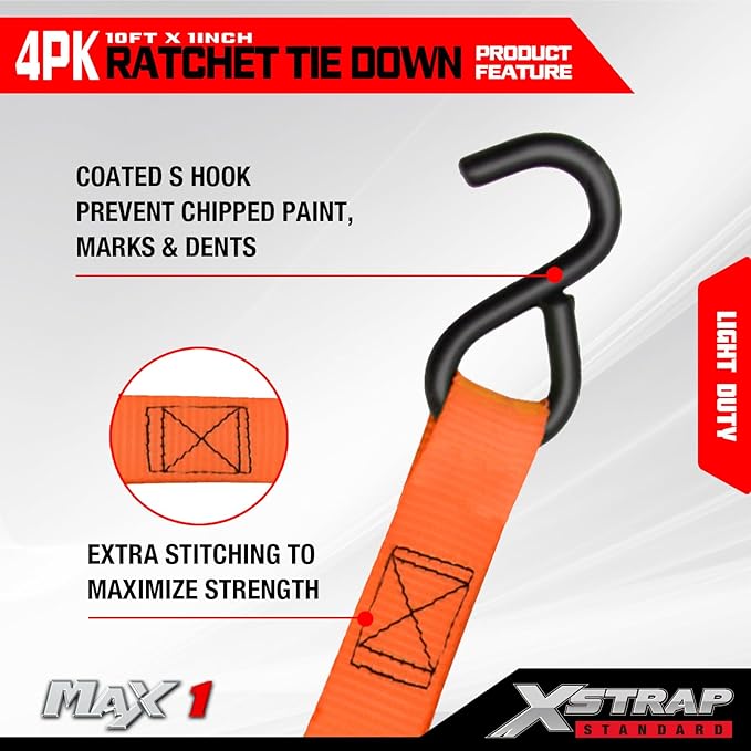 XSTRAP STANDARD Ratchet Tie Down Straps 4 Pk 10 Ft- 300 Lbs Load Cap- 900 Lbs Break Strength-Cargo Straps for UTV, ATV, Pickup,Truck, Moving Appliances, Lawn Equipment, Orange