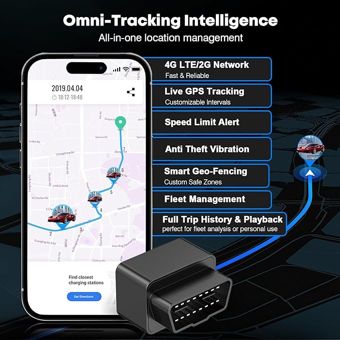 GPS Tracker for Vehicles, 4G LTE, Vehicle Location, Route History, Driving Alerts, Geo-Fence & Accident Notifications for Fleets & Family, OBD GPS Tracker with Phone App- Cancel Anytime ZT-50O