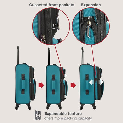 U.S. Traveler Rio Lightweight Softside Rolling Carry-on Suitcase, 4-Wheel Set, Teal