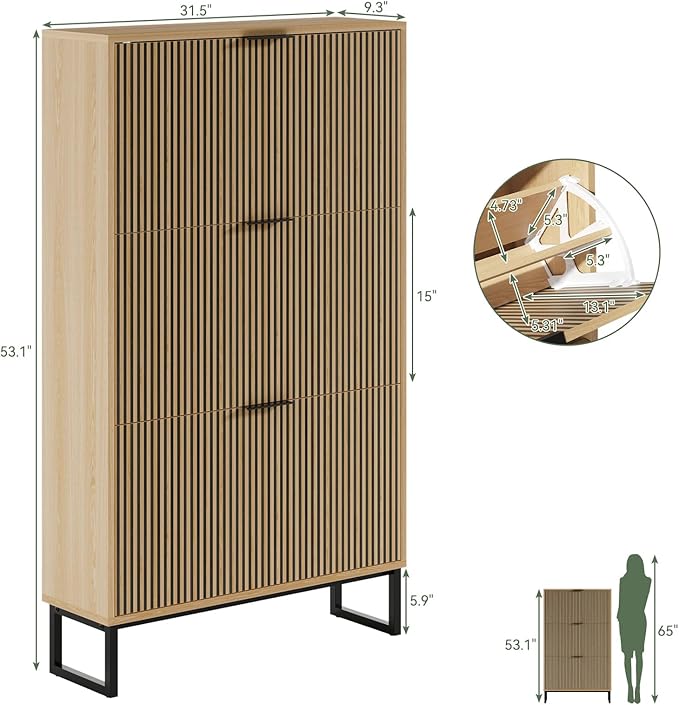 Shoe Cabinet Storage with 3 Flip Drawers, Shoe Organizer Cabinet for Entryway Slim, Modern Freestanding Hidden Shoe Rack Organizer Shoe Cupboard for Hallway, Natural Wood
