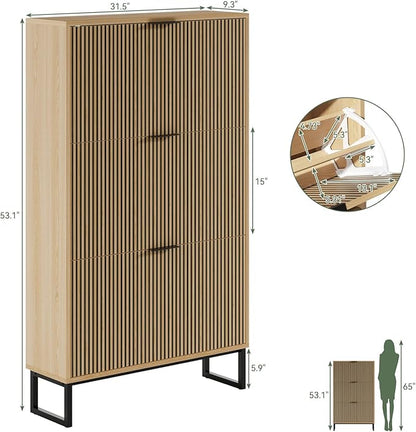 Shoe Cabinet Storage with 3 Flip Drawers, Shoe Organizer Cabinet for Entryway Slim, Modern Freestanding Hidden Shoe Rack Organizer Shoe Cupboard for Hallway, Natural Wood