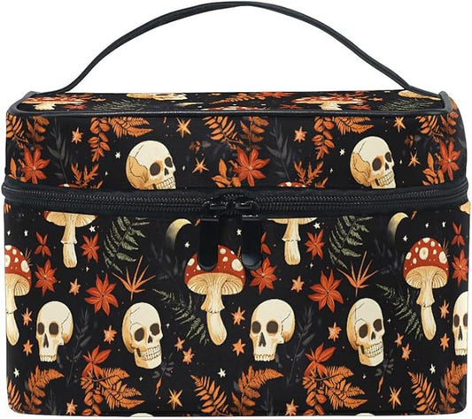 MNSRUU Makeup Bags, Mushrooms Skull Makeup Organizer Bags Toiletry Bag Box Travel Cosmetic Bag Make Up Train Case for Women Teen Girl Ladies