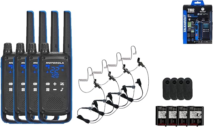 Motorola Solutions Talkabout T802 Portable FRS Two Way Radio 4 Pack Walkie Talkies Blue/Black 22 Channels with 4 PTT Surveillance Earpieces
