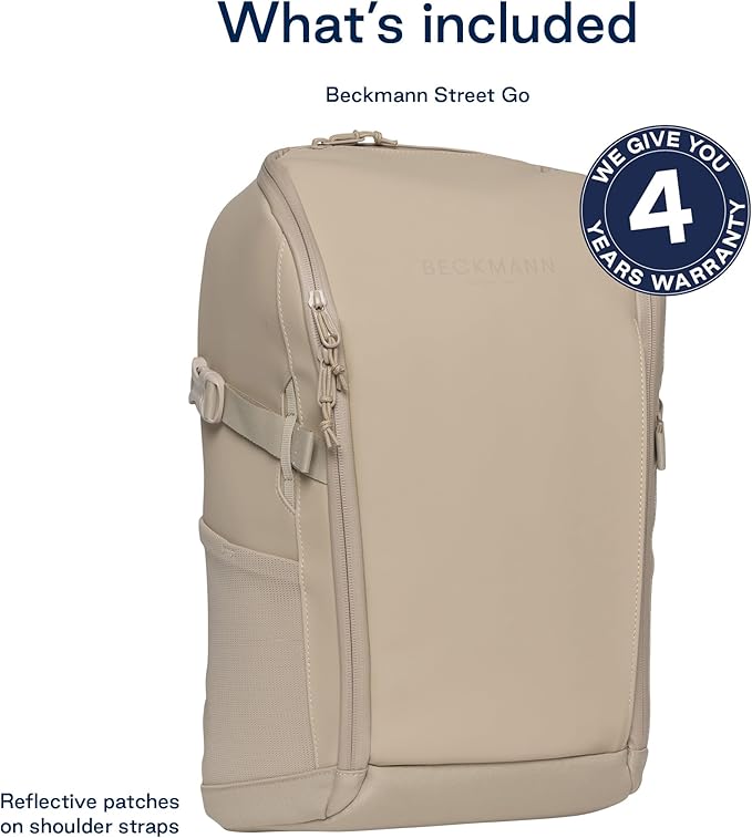 Beckmann STREET GO – Bold & Stylish Ergonomic backpack for Teens & Adults, Versatile & Functional, 26L Capacity expands to 31L - Sustainable & Durable - Water-Resistant, Lightweight. BEIGE