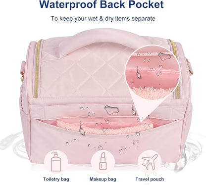 Travel Toiletry Bag Large Cosmetic Makeup Bag Organizer for Women,Wide-open Make Up Bag Waterproof Makeup Case Travel Bag with Handle and Dividers for Toiletries,Essentials,Accessories,LT Pink