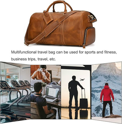 Full-grain Leather Travel Bag Large Capacity Duffel Luggage Bag with Shoe Compartment for Men Shoulder Handbag for Weekend Holiday Business Trip, Light Brown