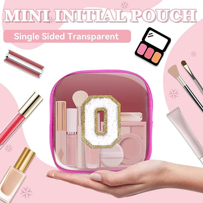 Mini Clear Personalized Initial Makeup Bag,Small Nylon Waterproof Zip Beach Cosmetic Pouch,Preppy A-Z Chenille Letter Patch Cute Coin Purse Travel Toiletry Bag Car Pack Bag for Women(Hot Pink-White O)
