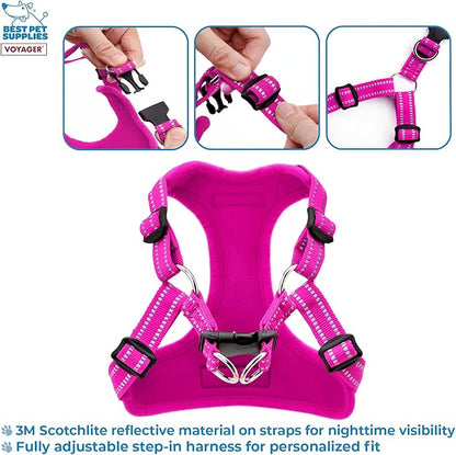 Best Pet Supplies Voyager Mesh Dog Breathable Harness Reflective Stitching, All Weather Adjustable for Walking Training, or Running - Heavy Duty & Durable, Harness (Fuchsia), L