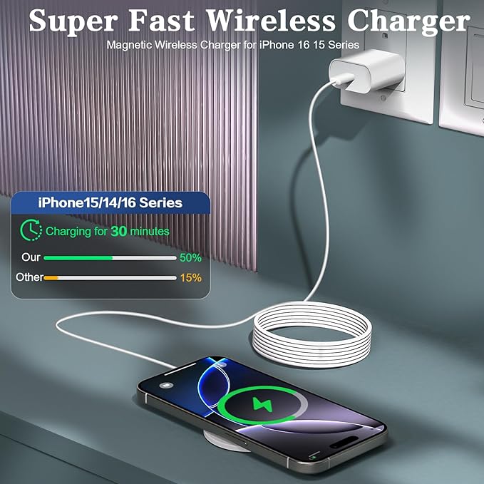 Magnetic Wireless Charger 10FT 2Pack Apple Magsafe Charger,Fast Mag-Safe Charging Wireless iPhone Charger Pad with Charging Plug for iPhone 16Pro Max/16Pro/16Plus/15Pro Max/15/14/13/12/AirPods3/Pro 2