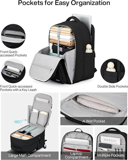 MILADA Expandable Travel Backpack 28L to 39L, TSA-Approved Carry On Backpack with 17 Inch Laptop Compartment, School Business Work Backpack for Men & Women, Black