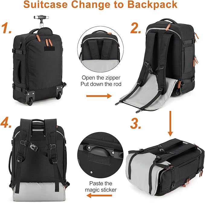 Lumesner Carry on Travel Backpacks, Extra Large 40L Flight Approved for Men & Women,Expandable Suitcase backpack (Rolling-Black)