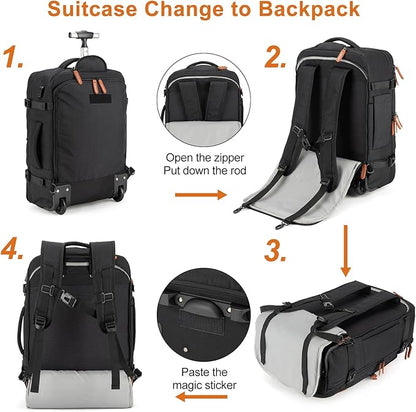 Lumesner Carry on Travel Backpacks, Extra Large 40L Flight Approved for Men & Women,Expandable Suitcase backpack (Rolling-Black)