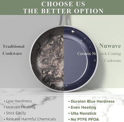 Nuwave Healthy Duralon Blue Ceramic Nonstick Coated 9pc Cookware Set, Scratch-Resistant Diamond Infused, PFAS Free, Induction Ready & Evenly Heats, Oven Safe, Tempered Glass Lids