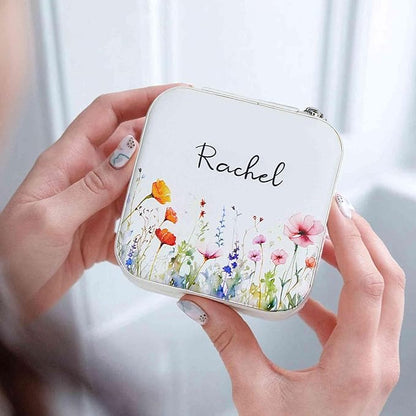 Personalized Name Travel Jewelry Case with Watercolor Flower - Custom Name Travel Jewelry Box with Mirror Birthday Gift for Her - Small Floral Leather Jewelry Organizer for Women Bridesmaid Girl