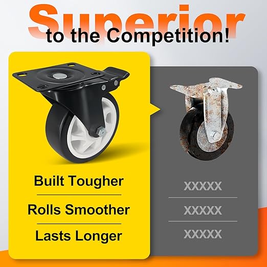 Caster Wheels 4 Inch, Heavy Duty Caster Set of 4, Swivel Castor Wheel with Dual Locking Brakes, Silent Polyurethane (PU) Wheels-Black