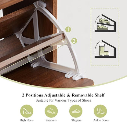 RARZOE Set of 2 Fluted Shoe Storage Cabinets for Entryway, Narrow Curved Shoe Cabinet with 2 Flip Drawers, Wood Hidden Shoe Organizer Closed Shoe Rack Cabinet for Foyer,Hallway (29.5''Walnut)