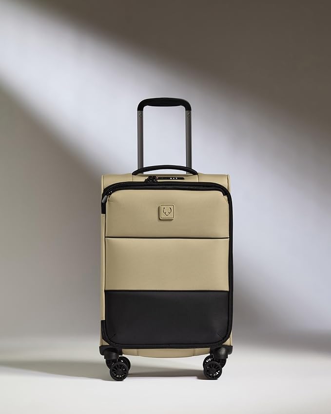 ANTLER - Soft Stripe Carry On Luggage 22x14x9 Airline Approved - Cabin Suitcase with Expander, Adjustable Handle, 4 Spinner Wheels, Lightweight, TSA Lock - Recycled Polyester Luggage - Sand Yellow
