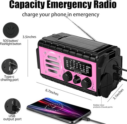 74000mWh Emergency Radio with NOAA Weather, Portable Hand Crank SW/AM/FM Survival Radio with Fast Charge Rechargeable Solar Battery, Flashlight, Reading Lamp,SOS Sirenor Home Outdoor(Pink)