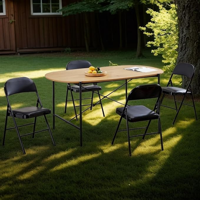 Folding Chairs 4 Pack, Portable Stackable Commercial Chair, Indoor Outdoor Padded Leather Chair with Sturdy Metal Frame, for Home, Office, or Party Events. (Black, 4 Pack)