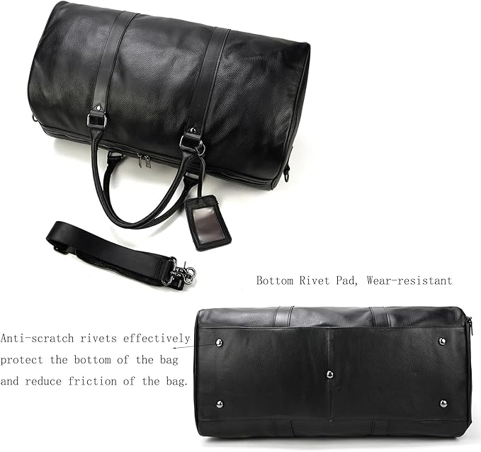 Leather Travel Bag Large Capacity Luggage Duffel Bag with Shoe Compartment, Men Women Weekend Shoulder Handbag for Holiday Business Trip (55cm-Black)