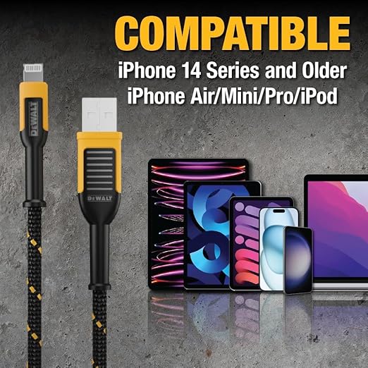 DEWALT Heavy Duty 2-Pack Durable iPhone Charger Cord, [Apple MFi Certified] 4ft Long Charging Cable, Compatible Apple Lightning to USB Cable, Fast Charging Cords for iPhone 14/13/12/11/13 Pro/13 Max