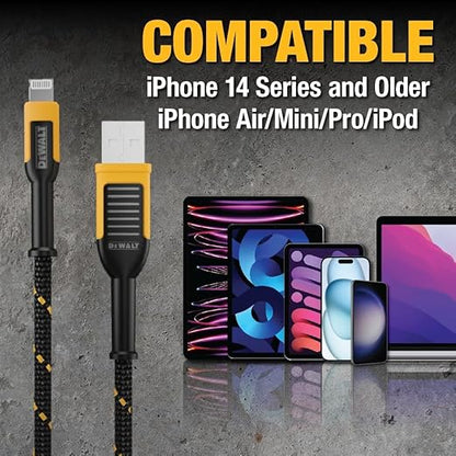 DEWALT Heavy Duty 2-Pack Durable iPhone Charger Cord, [Apple MFi Certified] 4ft Long Charging Cable, Compatible Apple Lightning to USB Cable, Fast Charging Cords for iPhone 14/13/12/11/13 Pro/13 Max