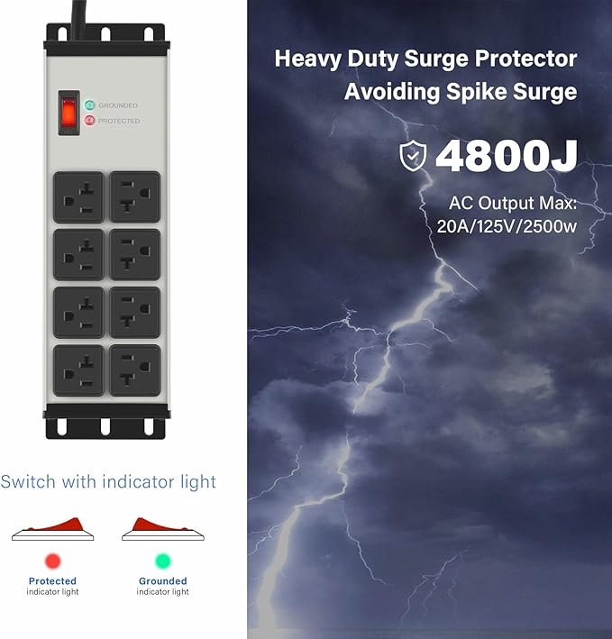 CCCEI Grey Heavy Duty Power Strip Surge Protector 20 AMP, 8 Outlets 12 Gauge Industrial Shop Garage Metal Multiple Outlets, 4 FT Extension Cord 5-15P Adapter High Amp 6-20R T-Slot 20a for Appliance