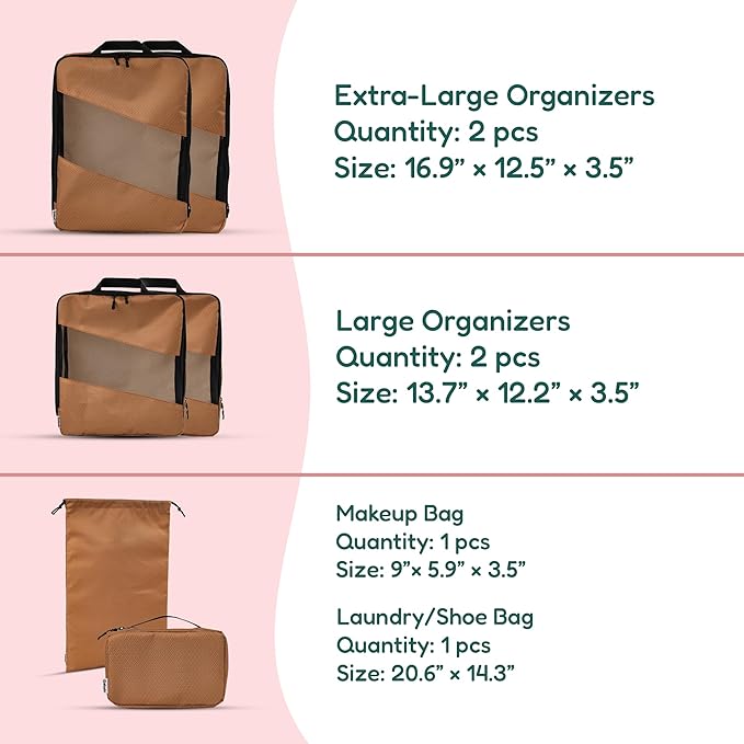 Compression Packing Cubes for Travel – 6-Pack Expandable Luggage Organizer Bags | Lightweight Storage Solution for Suitcase, Backpack & Carry-On | Travel Accessories for Men & Women (Brown & Camel)