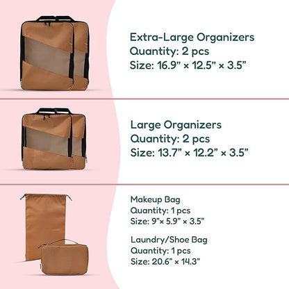 Compression Packing Cubes for Travel – 6-Pack Expandable Luggage Organizer Bags | Lightweight Storage Solution for Suitcase, Backpack & Carry-On | Travel Accessories for Men & Women (Brown & Camel)