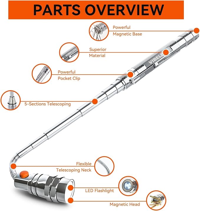 VIBELITE Extendable Magnetic Flashlight with Telescoping Magnet Pickup Tool-Cool Gadget Christmas Gifts Stocking Stuffers for Men, Teen Boys, Dad, Father, Mechanic, Boyfriend, Women, Silver, 2 Pack